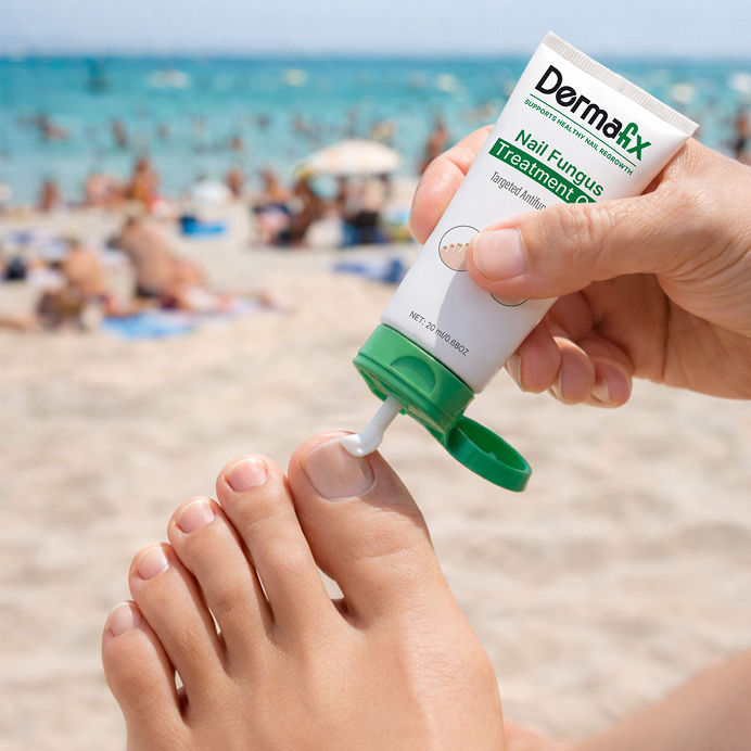 Applying Dermafix nail fungus treatment gel to a toenail at the beach