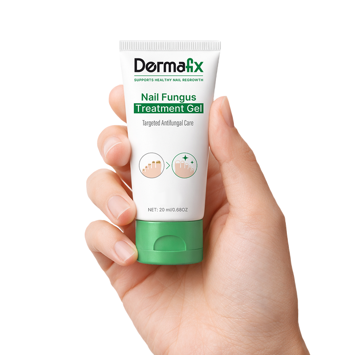 Hand holding a tube of Dermafix nail fungus treatment gel