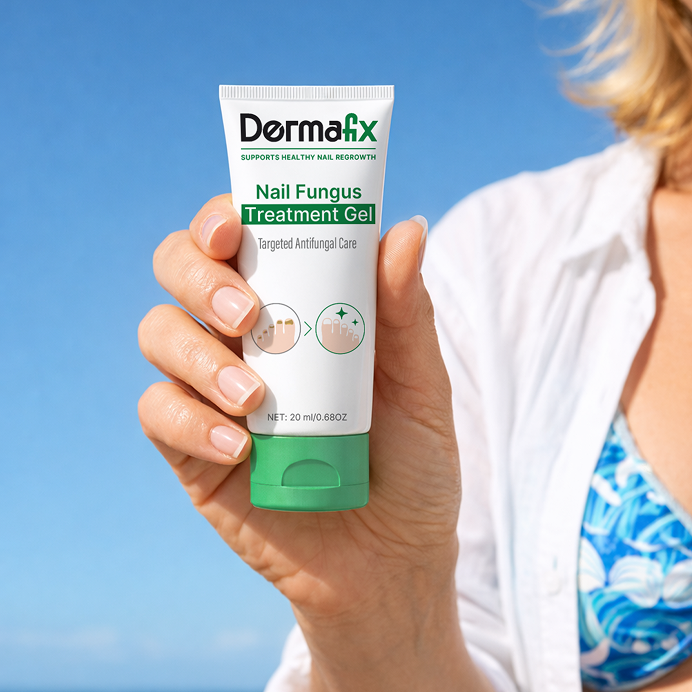 Woman holding a tube of Dermafix nail fungus treatment gel