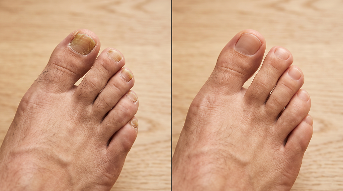 Before and after comparison of toenails showing discolored nails restored to a healthy appearance