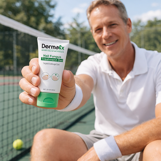 Smiling man on a tennis court holding a tube of Dermafix nail fungus treatment gel